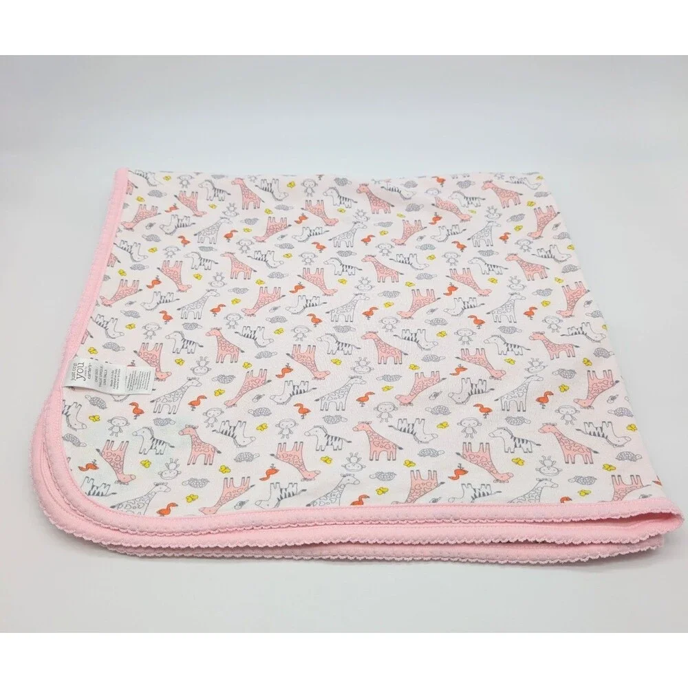 Carter's Just One You Pink White Butterfly Baby Blanket Giraffes Zebras Monkeys